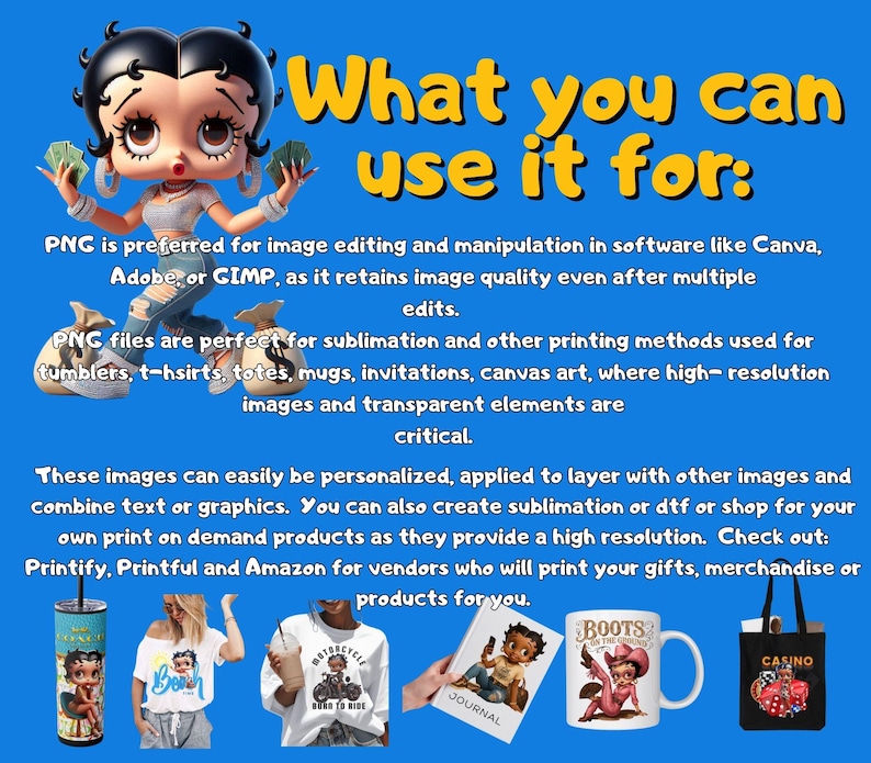 May include: A graphic featuring Betty Boop with text that reads "What you can use it for:" and details about PNG files for sublimation, including tumblers, t-shirts, and mugs. The image also shows examples of products.