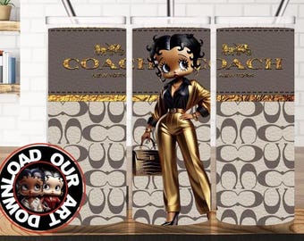 Betty Boop Purse Tumbler wrap PNG, Black Betty Boop, leather purse design png, 20 oz tumbler png, 3D wrap, designer wrap, gold wrap png