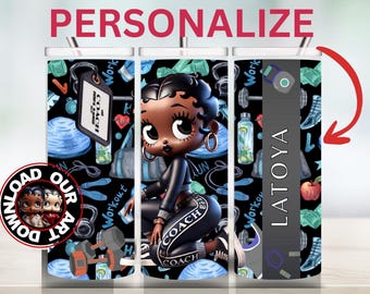 May include: A personalized tumbler featuring a cartoon woman in a black workout outfit. The tumbler has a black background with workout-themed illustrations and the word "COACH". The name "LATOYA" is printed vertically on the tumbler. The word "PERSONALIZE" is at the top.
