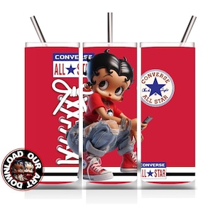 May include: Red tumbler featuring a Betty Boop cartoon character in a red shirt, ripped jeans, and red Converse trainers. The tumbler has a red background with white Converse shoelace design and the Converse All Star logo.