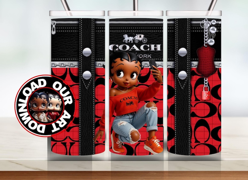 May include: A tumbler featuring a red and black design with a cartoon character taking a selfie. The tumbler has a black zipper and silver accents. The Coach logo is visible. The tumbler has a red and black pattern.
