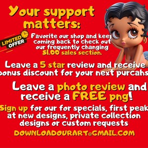 May include: A red background with text that reads "Your support matters." A cartoon figure of a woman is in the image. The text also says "Leave a 5 star review and receive a bonus discount."