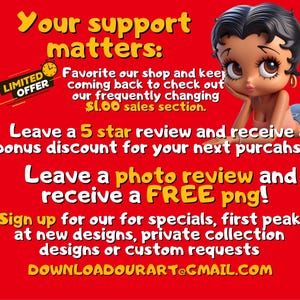May include: Red background with text: "Your support matters." Includes a cartoon image of a woman. Text also reads: "Favorite our shop," "Leave a 5 star review," and "Sign up for our specials."