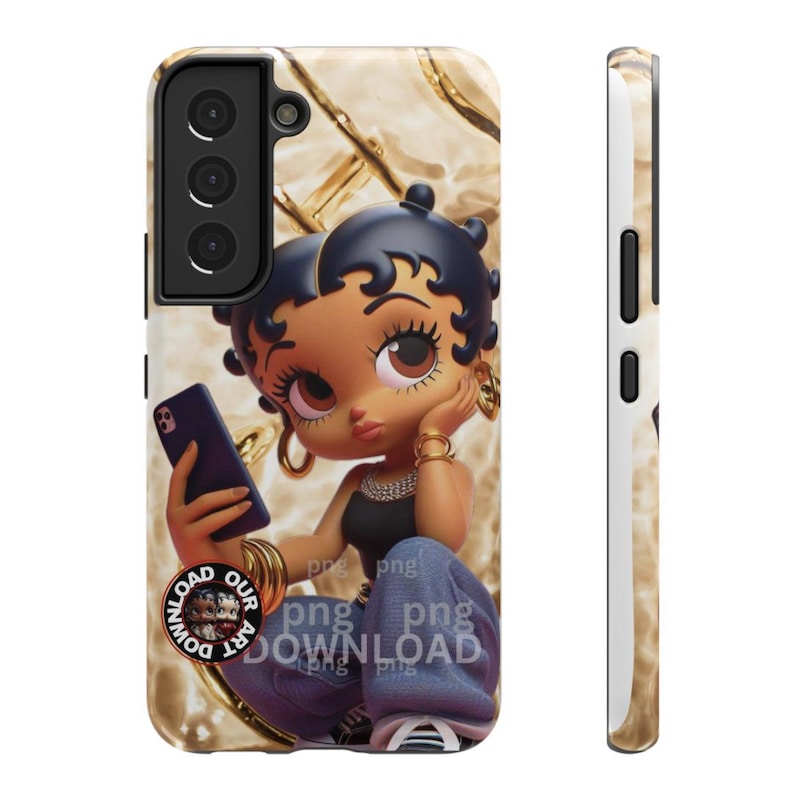 May include: A phone case featuring a cartoon character with dark skin, black hair, and gold jewelry. The character is holding a phone and wearing a black top and blue jeans. The case has a gold and beige marble design.