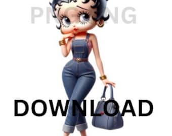 Op de afbeelding: Een cartoonillustratie van Betty Boop die een blauwe denim jumpsuit, een roze top en gouden sieraden draagt. Ze houdt een blauwe handtas vast en heeft een stijlvolle haarstijl.