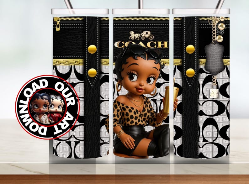 May include: A tumbler featuring a cartoon woman with a leopard print top and black leather skirt. The tumbler has a black and white pattern with gold accents and the Coach logo. The words "DOWNLOAD OUR ART" are on a circular sticker.