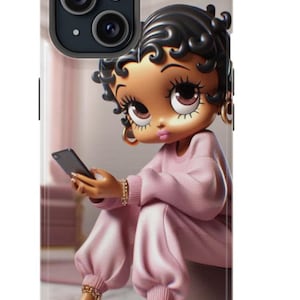 May include: A phone case featuring a cartoon character in a pink sweatsuit, holding a phone. The character has dark hair, large eyes, and gold jewelry. The case has a glossy finish and a camera cutout.