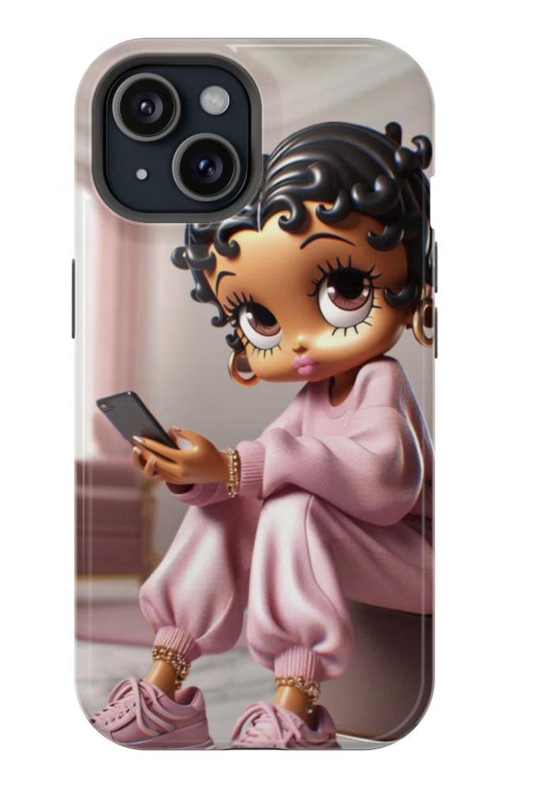 May include: A phone case featuring a cartoon character in a pink sweatsuit, holding a phone. The character has dark hair, large eyes, and gold jewelry. The case has a glossy finish and a camera cutout.