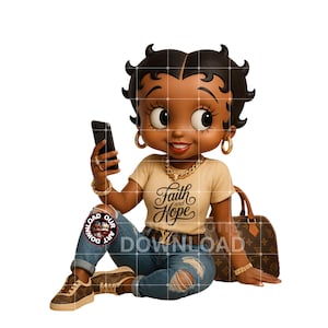 Baixe o design da Betty Boop, a chefe, em PNG para sublimação (DTF), bolsa preta da Betty Boop, empoderamento feminino e amor próprio.