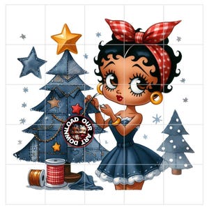 May include: A cartoon illustration of a woman with dark hair and a red and white polka dot bow, decorating a denim Christmas tree. The tree is adorned with a gold star and blue star ornaments. A spool of thread and a denim fabric are at the base.