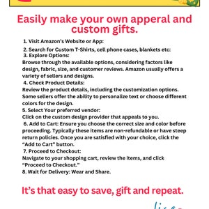 Op de afbeelding: Een promotionele afbeelding met de tekst "CUSTOMER PRO SAVING TIP" en instructies over het maken van gepersonaliseerde kleding en cadeaus. De tekst bevat stappen voor het gebruik van Amazon, met een hart- en geldbuidelafbeelding.