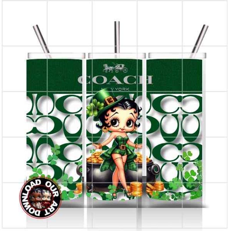 May include: A green and white tumbler featuring a cartoon character in a green outfit and a leprechaun hat. The tumbler has a repeating pattern of white interlocking C's and green shamrocks. The word "COACH" is at the top.
