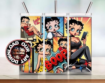 Diseño de tira cómica para vaso PNG, envoltura de Betty Boop para vaso PNG, sublimación, chica coqueta de cómic PNG, descarga digital, envoltura sin costuras de cómic