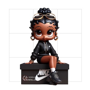May include: A stylized figurine of a woman with dark skin, wearing a black hoodie, shorts, and sneakers, seated on a black Nike shoebox. The figure has gold-rimmed glasses and hoop earrings. The Nike logo is visible on the box and the figure's clothing.
