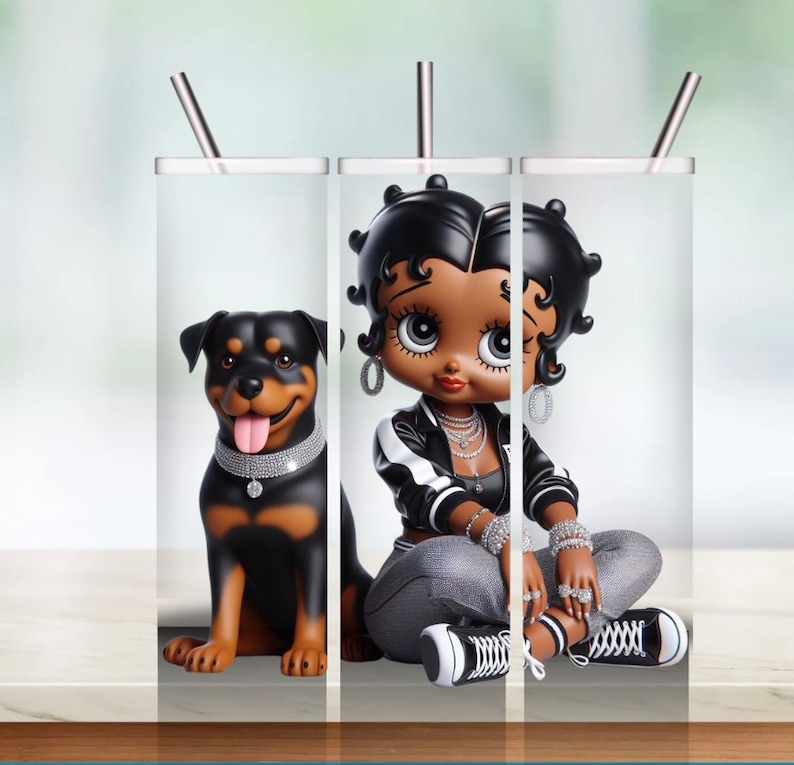May include: Three stainless steel tumblers with a white background. The tumbler on the left features a black and brown Rottweiler dog. The tumblers on the right feature a cartoon of a Black woman with large eyes and black hair wearing a black and white jacket, gray pants, and white sneakers. The woman is sitting with her legs crossed.