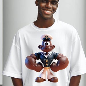 May include: White t-shirt featuring a cartoon sailor character with large, muscular arms. The character wears a navy blue sailor suit, a white hat with an anchor emblem, and brown shoes. The image is a digital rendering.