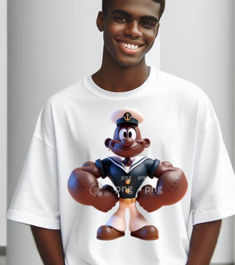 May include: White t-shirt featuring a cartoon sailor character with large, muscular arms. The character wears a navy blue sailor suit, a white hat with an anchor emblem, and brown shoes. The image is a digital rendering.