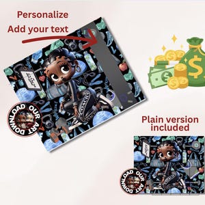 May include: A digital art print featuring a cartoon woman in a workout outfit, surrounded by fitness equipment. The print includes the text "Coach" and "Workout". A money bag and coins are also shown. The text "Personalize Add your text" is also included.