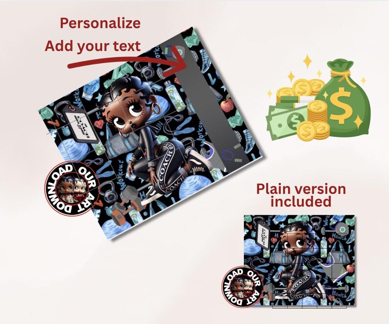 May include: A digital art print featuring a cartoon woman in a workout outfit, surrounded by fitness equipment. The print includes the text "Coach" and "Workout". A money bag and coins are also shown. The text "Personalize Add your text" is also included.