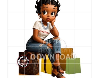May include: Illustration of a cartoon character wearing a white t-shirt with "BOSS" printed on it, ripped jeans, and sandals. The character is sitting with shopping bags and a designer handbag. The image has a shopping theme.