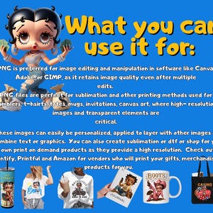 May include: A graphic featuring Betty Boop with text: "What you can use it for:" and examples of products like tumblers, t-shirts, and mugs. The image highlights the use of PNG files for sublimation and printing.