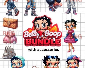 May include: A digital clipart bundle featuring Betty Boop in various poses and outfits. The bundle includes Betty Boop wearing a blue denim outfit, a pink and white outfit, a blue and white outfit, a red and white dress, a blue and white dress, and a pink and white outfit. The bundle also includes various accessories such as purses, backpacks, and hats. The text "Betty Boop Bundle with accessories" is included in the image.