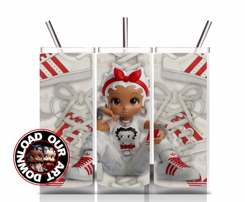 May include: A white tumbler with a stainless steel straw features a cartoon doll wearing a red bow and a white t-shirt with the text "BOOP". The design includes red and white sneakers and the text "DOWNLOAD OUR ART".