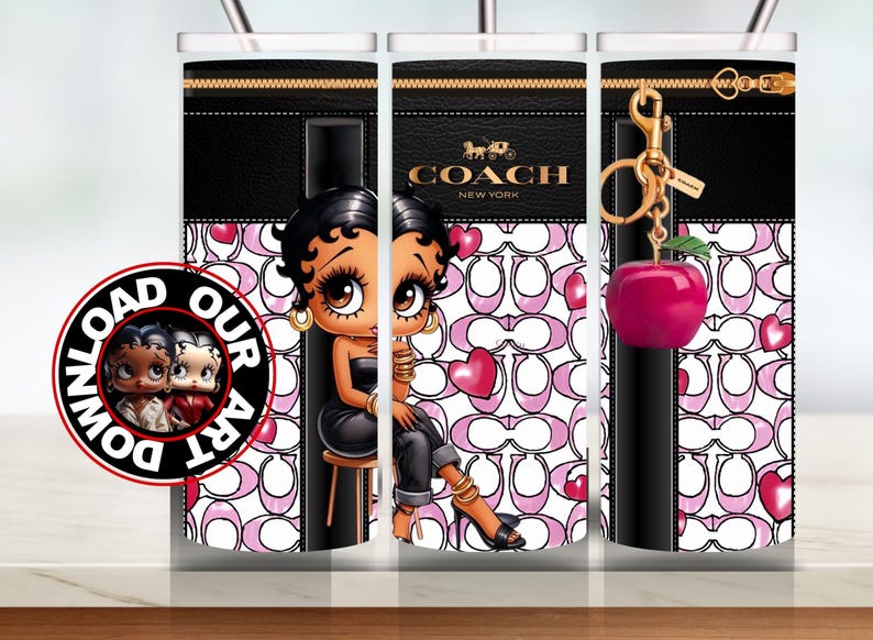 May include: A tumbler featuring a cartoon character design, a black leather-like top with a gold zipper, and a pink and white pattern. The tumbler has a Coach logo and a pink apple keychain.