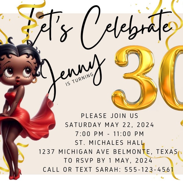 Customized Invitation Diva Birthday Personalized Card, 21st 40th Black Betty Boop Invitations Celebration Printable Downloadable invites