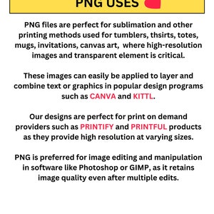 Op de afbeelding: Een gele banner met de tekst "PNG USES" en een rood hartpictogram. De tekst legt de toepassingen van PNG-bestanden uit voor sublimatie, printen en beeldbewerking in software zoals Photoshop en GIMP. Het noemt toepassingen zoals mokken en canvas kunst.