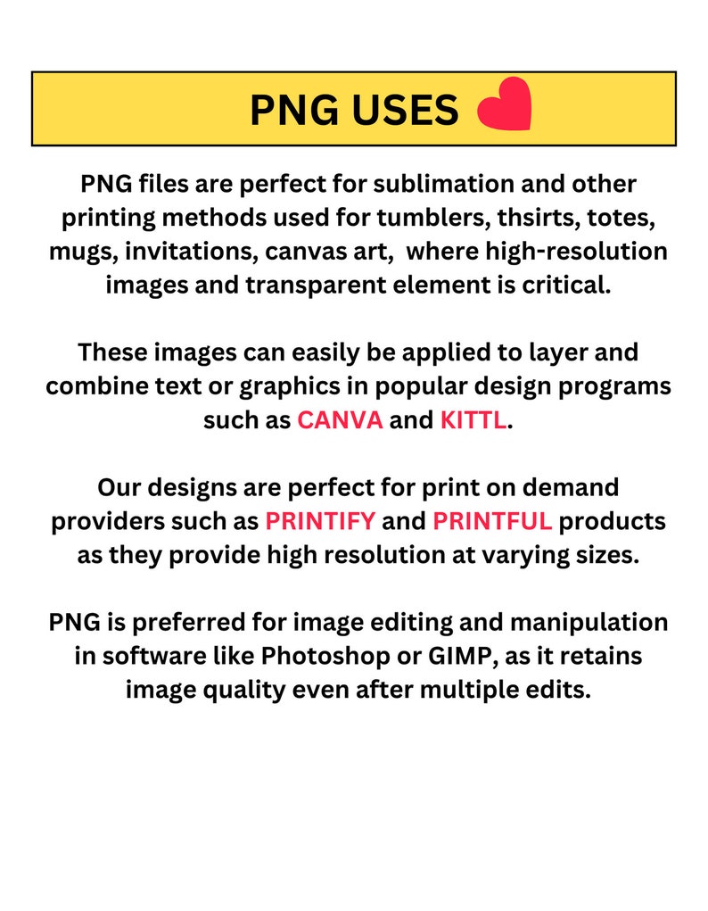 Op de afbeelding: Een gele banner met de tekst "PNG USES" en een rood hartpictogram. De tekst legt de toepassingen van PNG-bestanden uit voor sublimatie, printen en beeldbewerking in software zoals Photoshop en GIMP. Het noemt toepassingen zoals mokken en canvas kunst.