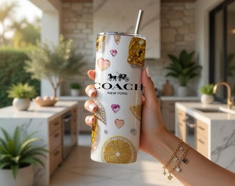 Bling Lemons Coquette Luxury Designer Skinny Tumbler 20oz Skinny Tumbler Wrap  Sublimation PNG Download Purse design png Coach sublimation