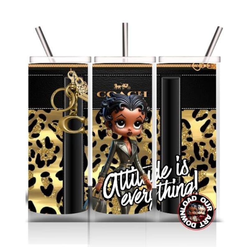 May include: Tumbler with a black and gold leopard print design, featuring a cartoon character and the text "Attitude is everything!". Includes a gold-colored charm and a silver straw.
