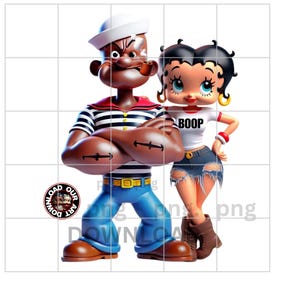 May include: A digital illustration of Popeye the Sailor and Betty Boop. Popeye is in a sailor outfit with a white hat, and Betty Boop is wearing a white shirt with the word "BOOP". The image has a cartoon style.