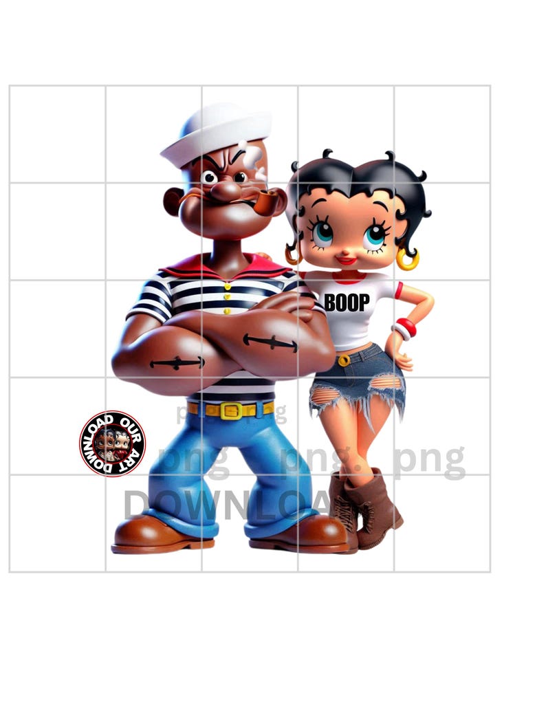 May include: A digital illustration of Popeye the Sailor and Betty Boop. Popeye is in a sailor outfit with a white hat, and Betty Boop is wearing a white shirt with the word "BOOP". The image has a cartoon style.