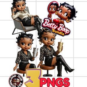 May include: Digital art bundle featuring Betty Boop in various poses. The images show Betty Boop wearing a black skirt, a patterned shirt, and high boots. One image shows Betty Boop holding a mirror. The text "Betty Boop Bundle" and "3 PNGs" are also visible.