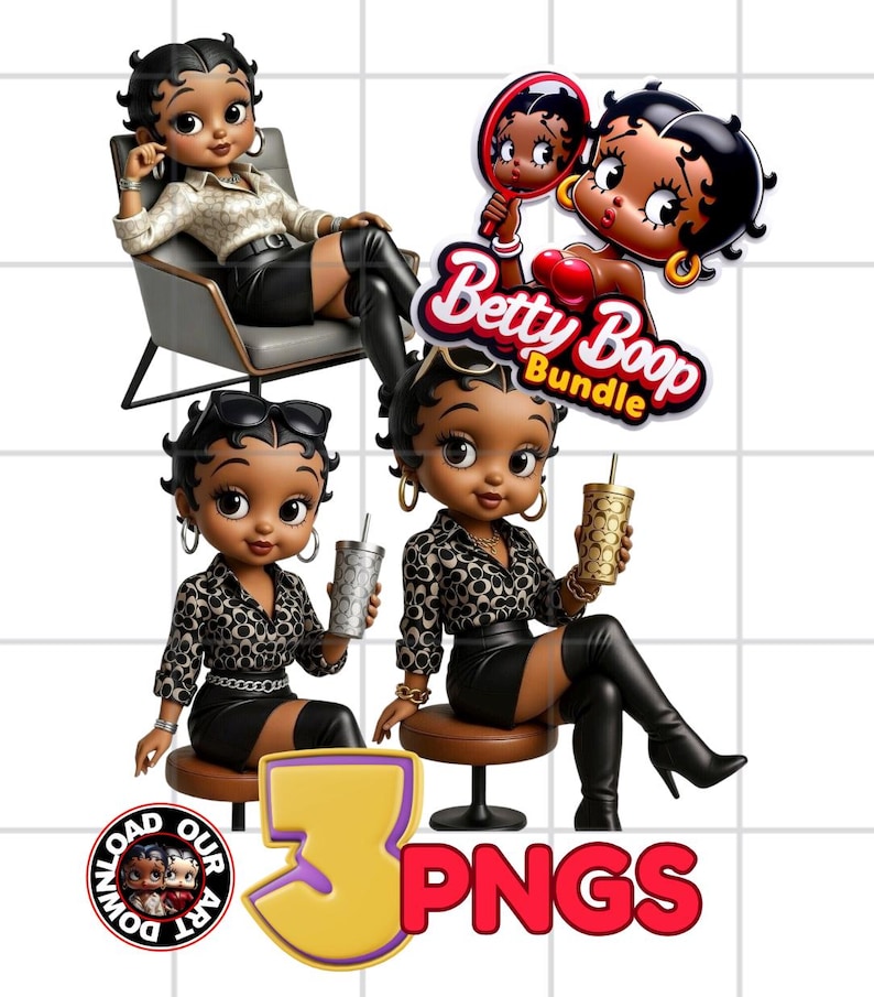 May include: Digital art bundle featuring Betty Boop in various poses. The images show Betty Boop wearing a black skirt, a patterned shirt, and high boots. One image shows Betty Boop holding a mirror. The text "Betty Boop Bundle" and "3 PNGs" are also visible.