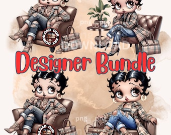 May include: Four digital illustrations of a cartoon character, Betty Boop, wearing a plaid coat and jeans. Each illustration features Betty sitting in a brown armchair with a designer handbag. The text "Download Our Art" is featured in a red circle in each image.