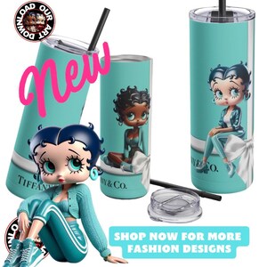 May include: A turquoise blue stainless steel tumbler with a white ribbon and the text "Tiffany & Co."  The tumbler features a cartoon image of Betty Boop wearing a blue jacket and white pants.