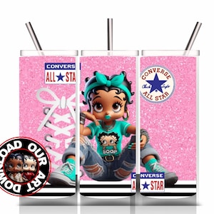 May include: Three pink glitter tumblers featuring Betty Boop designs. Each tumbler has a different design element, including the Converse All Star logo, Betty Boop, and the Converse logo. Each tumbler has a silver straw.