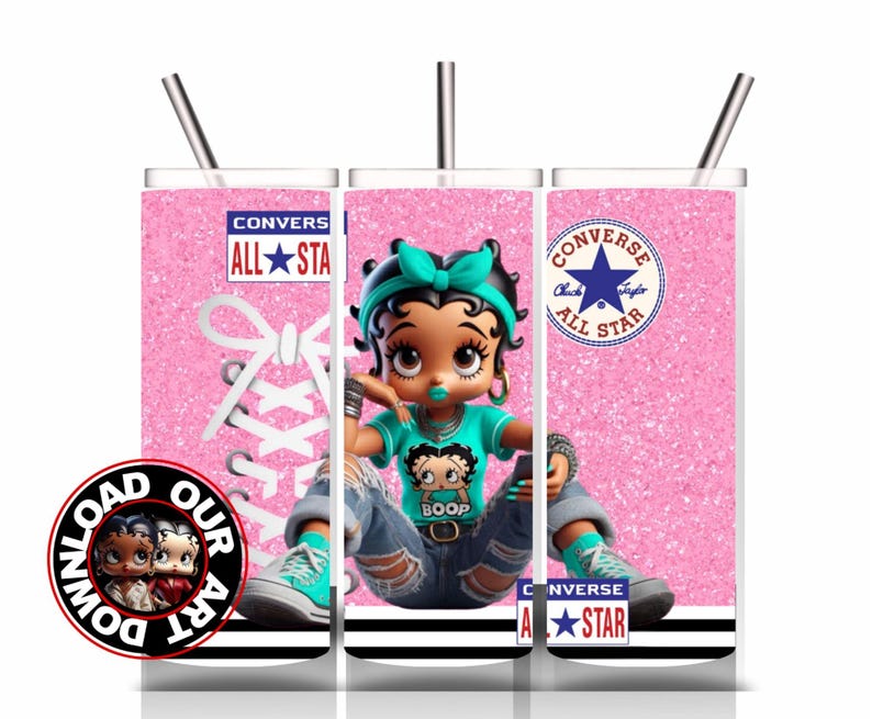 May include: Three pink glitter tumblers featuring Betty Boop designs. Each tumbler has a different design element, including the Converse All Star logo, Betty Boop, and the Converse logo. Each tumbler has a silver straw.