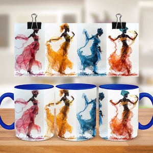 May include: Set of four blue rimmed ceramic mugs with a white interior. Each mug features a different color watercolor design of a woman in a flowing dress. The colors are pink, yellow, blue, and orange.