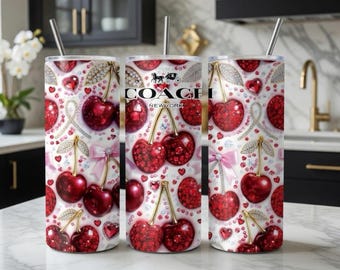 Coquette Red Cherries Luxury Designer Skinny Tumbler 20oz Skinny Tumbler Wrap  Sublimation PNG Download Purse design png Coach sublimation