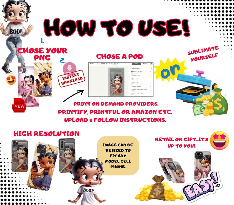 May include: A graphic with the text "HOW TO USE!" and instructions for creating phone cases. The image includes Betty Boop illustrations, phone case mockups, and the words "PRINTIFY, PRINTFUL OR AMAZON ETC."