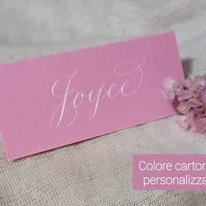 Segnaposto personalizzati, scritti a mano su cartoncino rosa, per matrimoni, battesimi, feste e cerimonie | Segnaposto colorati