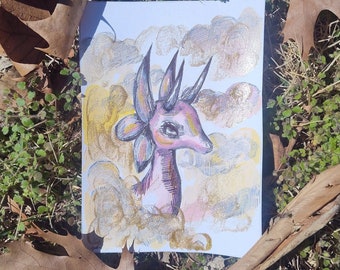 Purple dragon original mix media drawing 5x7