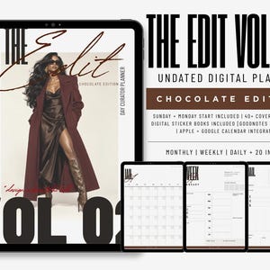 May include: A digital planner titled The Edit Vol. 02 Chocolate Edition displayed on a tablet screen. The cover features a person in a dark brown coat and dress. Three smaller screens show monthly, weekly, and daily planner page layouts.