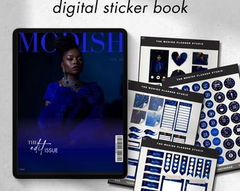 Adesivi funzionali per agenda digitale Blue Fashion Magazine: pacchetto PNG chic per GoodNotes (download immediato)