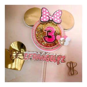 Minnie Mouse Pink Cake Topper, Custom Shaker Topper for Birthday Girl, Personalized Minnie Theme Party Decoration, Pink Birthday Cake Decor