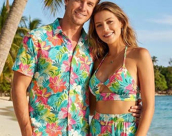 Matching Couple Hawaiian Shirts: Tropical Floral Vacation Outfits - Mix & Match Apparel